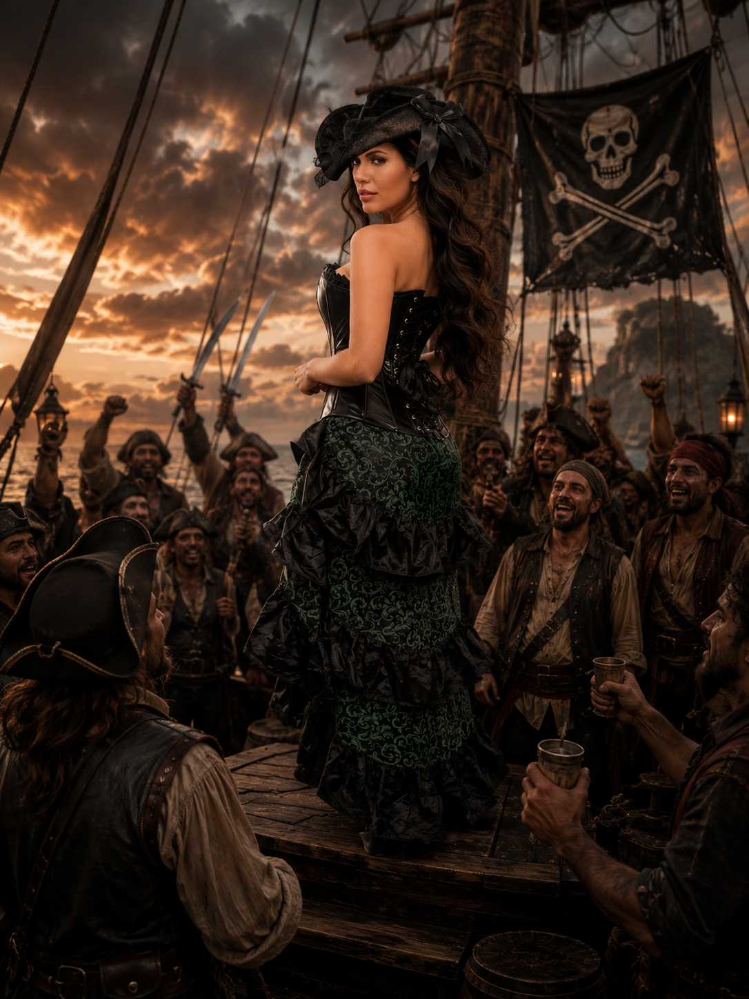 Top Drawer 4 Piece Green and Black Premium Pirate Corset Costume