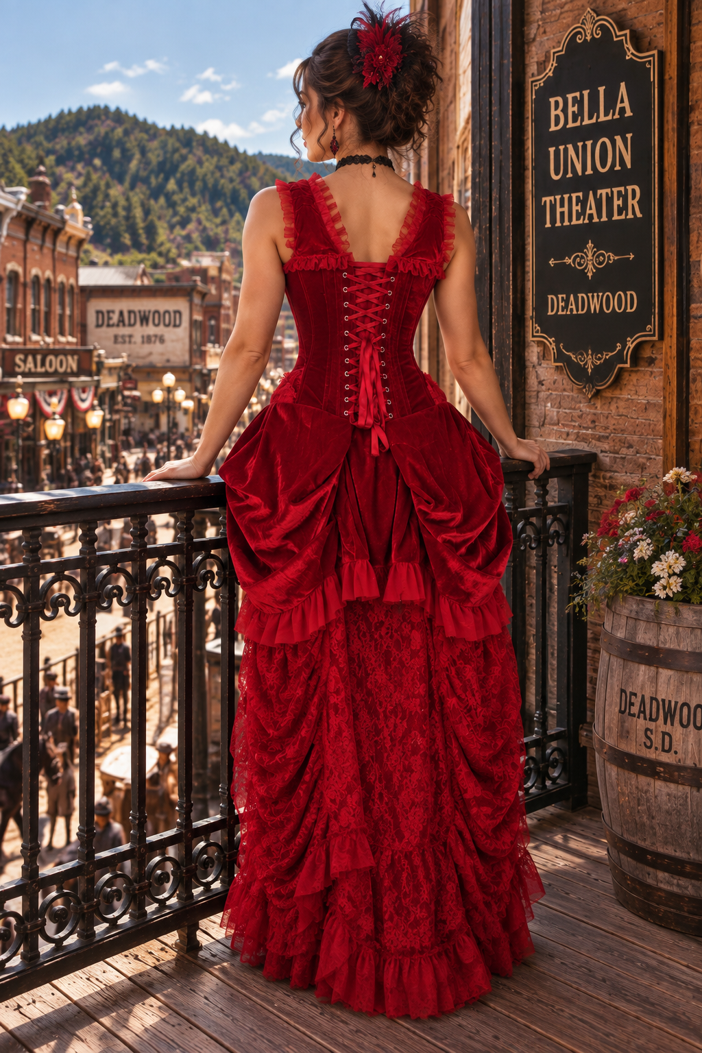 Dark Red Velvet Victorian Bustle Corset Dress