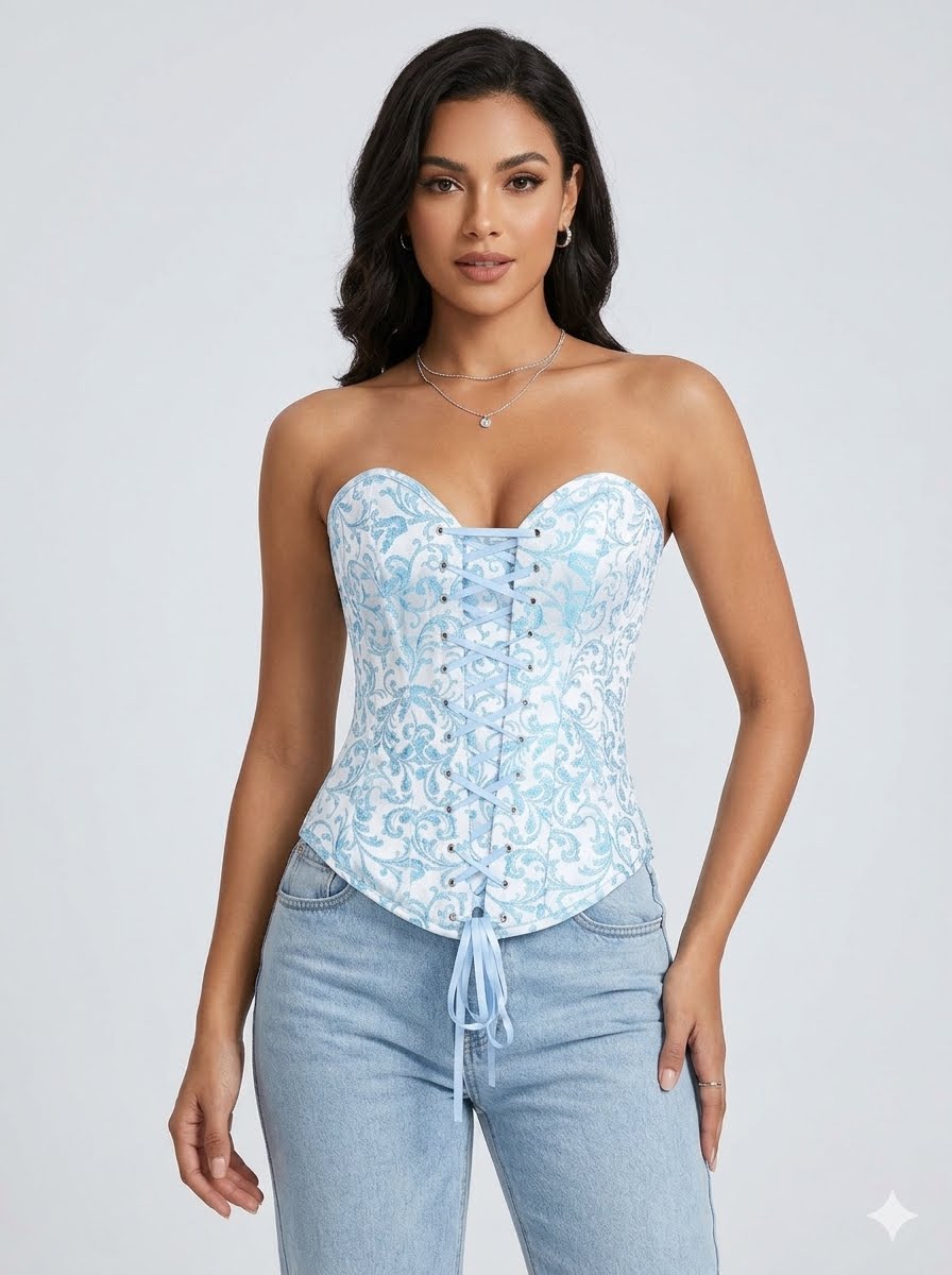 Top Drawer Steel Boned Blue Brocade Overbust Lace Up Corset Top