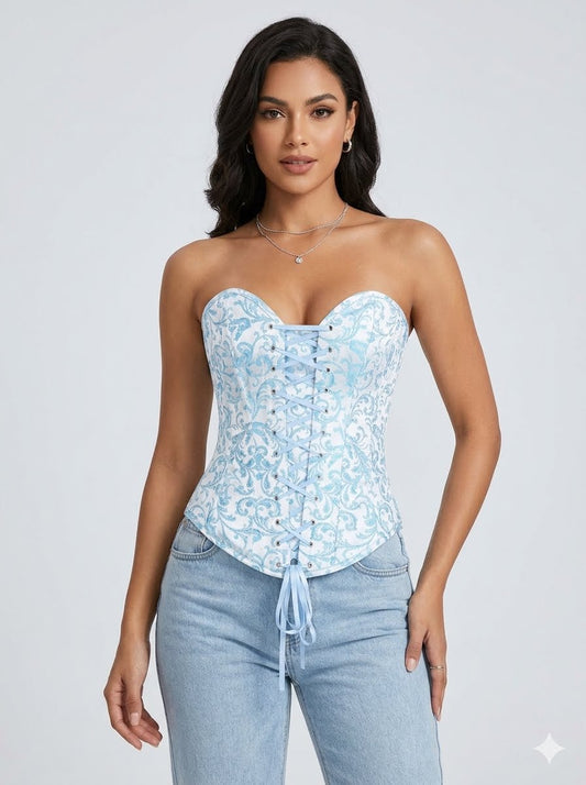 Top Drawer Steel Boned Blue Brocade Overbust Lace Up Corset Top