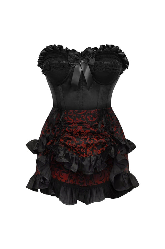 Top Drawer 2 PC Black Satin Steel Boned Burlesque Corset & Gold Brocade Skirt Set