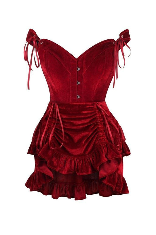 Top Drawer 2 PC Dark Red Velvet Steel Boned Corset & Skirt Set