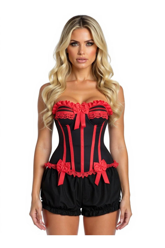 Top Drawer 2 PC Red/Black Burlesque Steel Boned Corset & Bloomer Set
