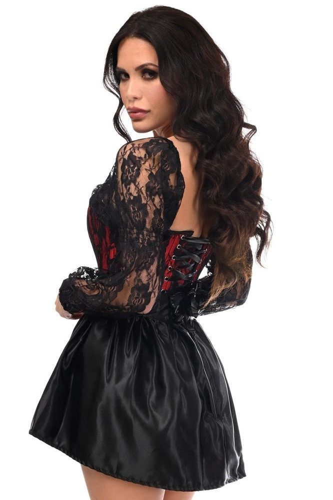 Top Drawer 2 PC Red/Black Lace Steel Boned Corset & Satin Skirt Set - Daisy Corsets