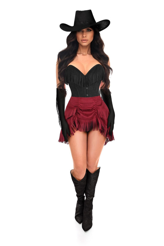 Top Drawer 4 PC Premium Black/Red Suede Fringe Cowgirl Corset Costume
