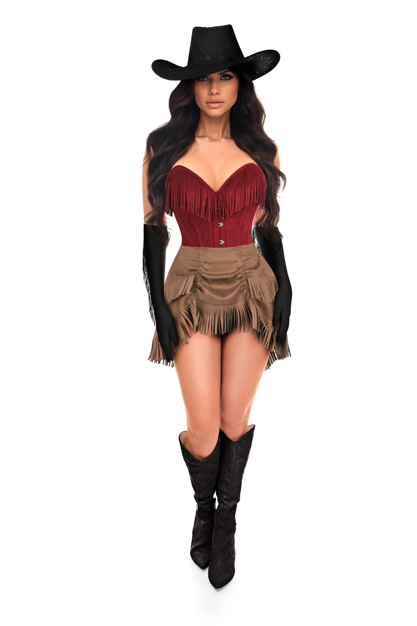 Top Drawer 4 PC Premium Red Suede Fringe Cowgirl Corset Costume - Daisy Corsets