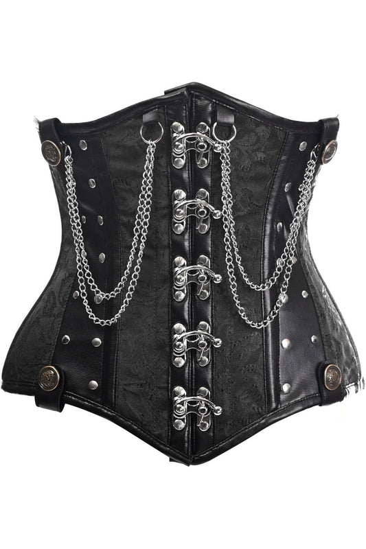 Top Drawer Black Brocade Steel Boned Underbust Corset w/Chains and Clasps