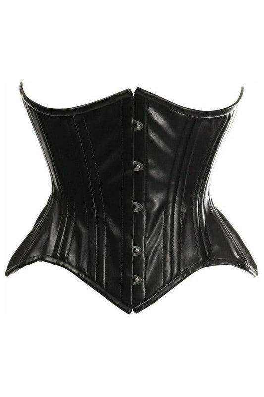 Top Drawer Black Faux Leather Double Steel Boned Curvy Cut Waist Cincher Corset