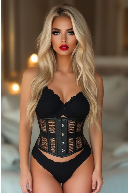 Top Drawer Black Fishnet & Faux Leather Steel Boned Mini Cincher