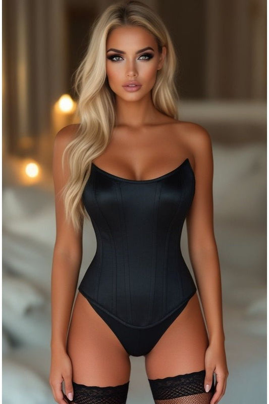 Top Drawer Black Satin Steel Boned Overbust Corset with Side Zipper