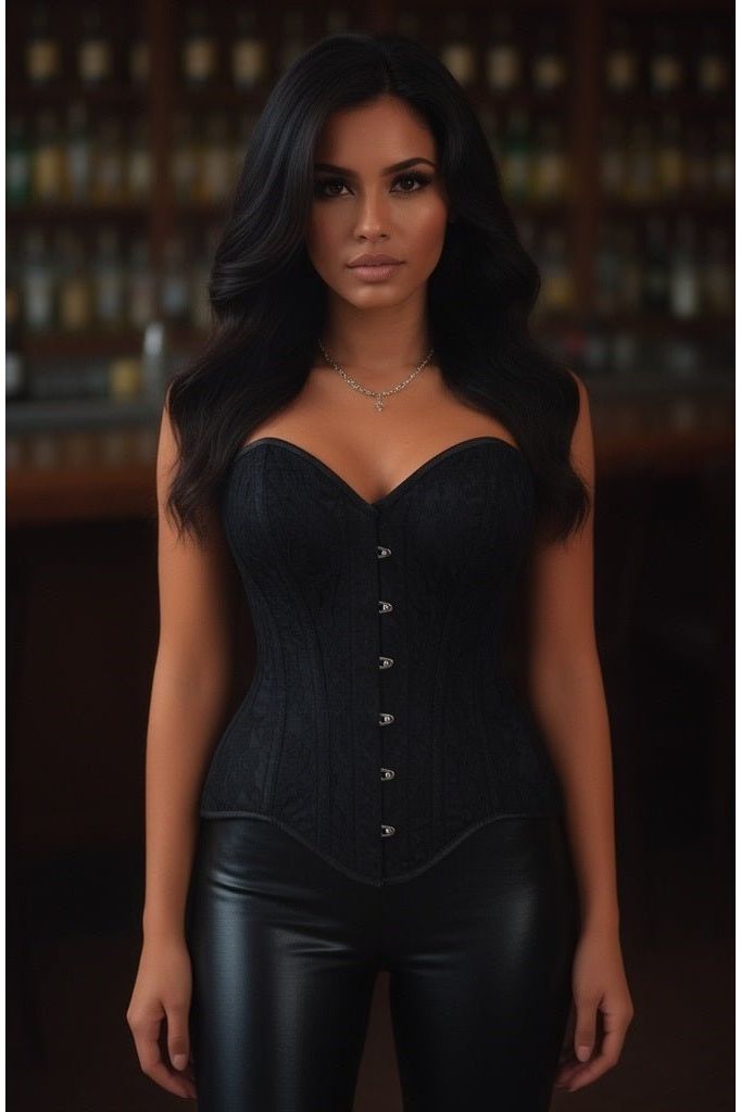Top Drawer Black Satin w/Black Lace Overlay Steel Boned Overbust Corset - Daisy Corsets