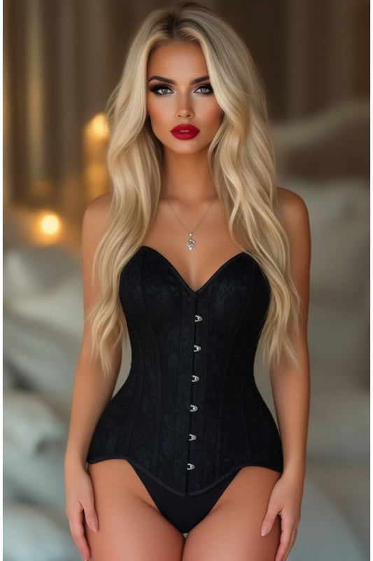 Top Drawer Black Satin w/Black Lace Overlay Steel Boned Overbust Corset