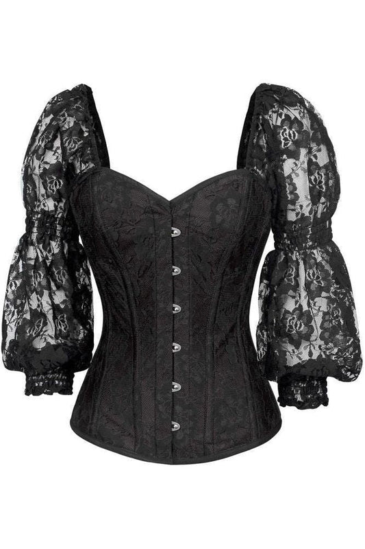 LIMITED EDITION Top Drawer Black w/Black Lace Steel Boned Long Sleeve Corset
