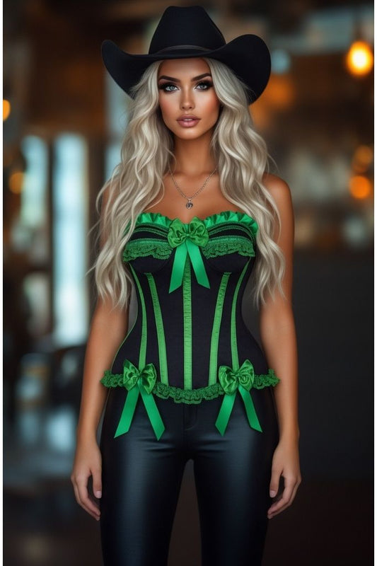 Top Drawer Black/Green Satin Steel Boned Burlesque Corset