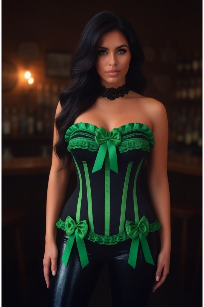 Top Drawer Black/Green Satin Steel Boned Burlesque Corset - Daisy Corsets