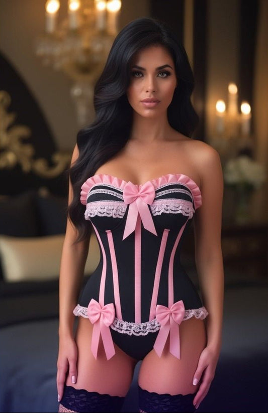 Top Drawer Black and Pink Steel Boned Burlesque Corset