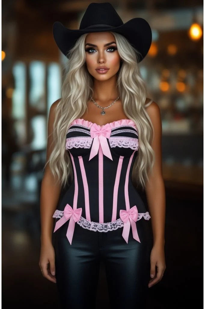 Top Drawer Black and Pink Steel Boned Burlesque Corset