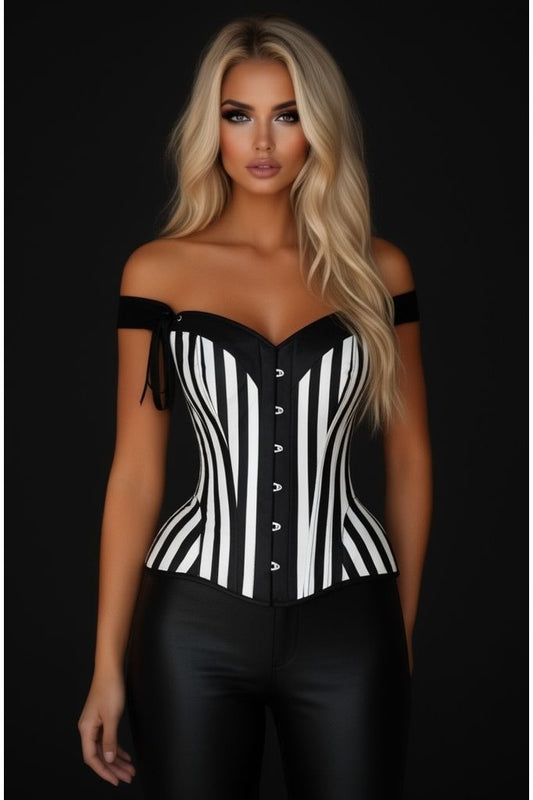 Top Drawer Black/White Striped Steel Boned Corset w/Straps