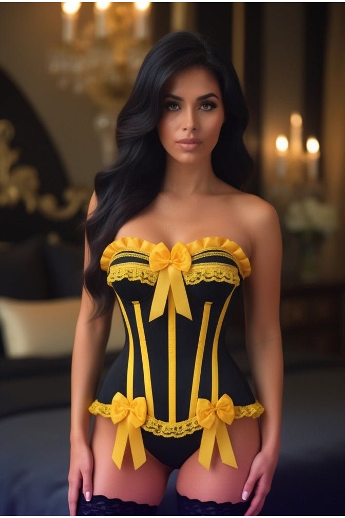 Top Drawer Black/Yellow Satin Steel Boned Burlesque Corset - Daisy Corsets