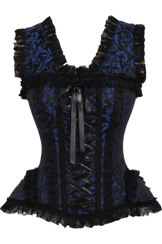 Top Drawer Blue/Black Swirl Brocade & Lace Steel Boned Corset w/Cap Sleeves