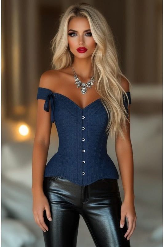 Top Drawer Dark Blue Denim Steel Boned Corset w/Straps