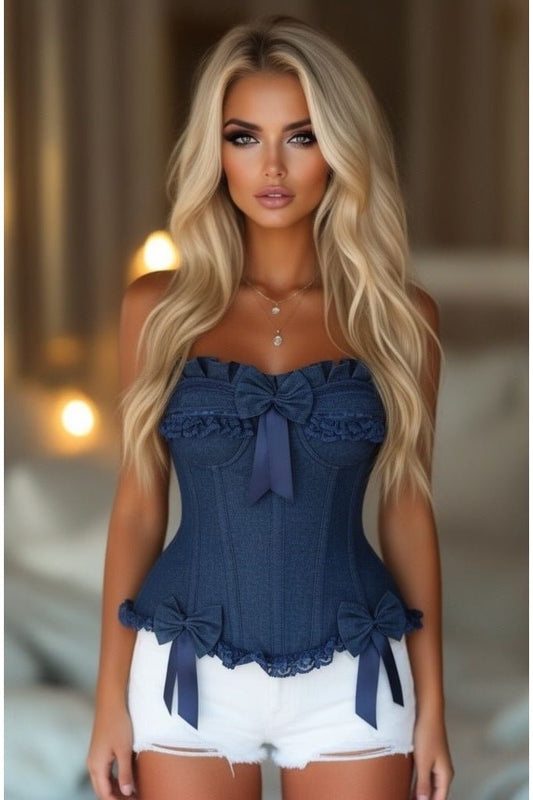 Top Drawer Dark Blue Denim Underwire Steel Boned Burlesque Corset with Bows