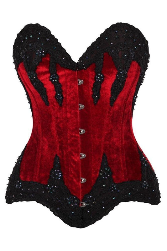 Top Drawer Dark Red Velvet & Beaded Steel Boned Overbust Corset