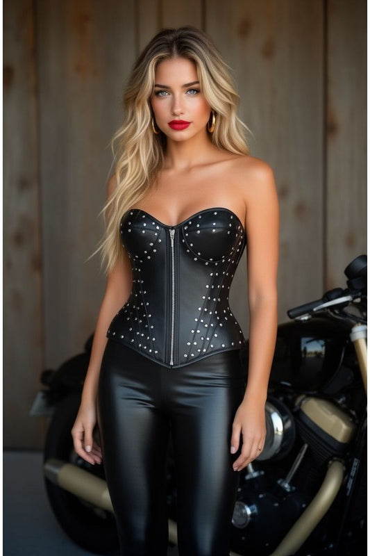 Top Drawer Faux Leather with Rivets Steel Boned Underwire Bustier Corset Top