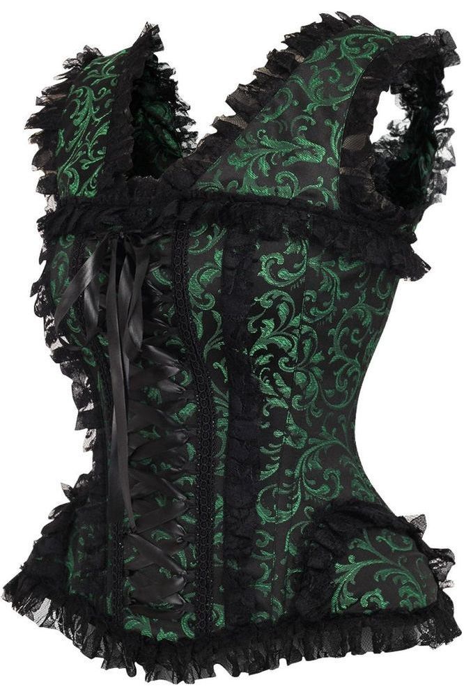Top Drawer Green and Black Swirl Brocade and Lace Steel Boned Corset with Cap Sleeves