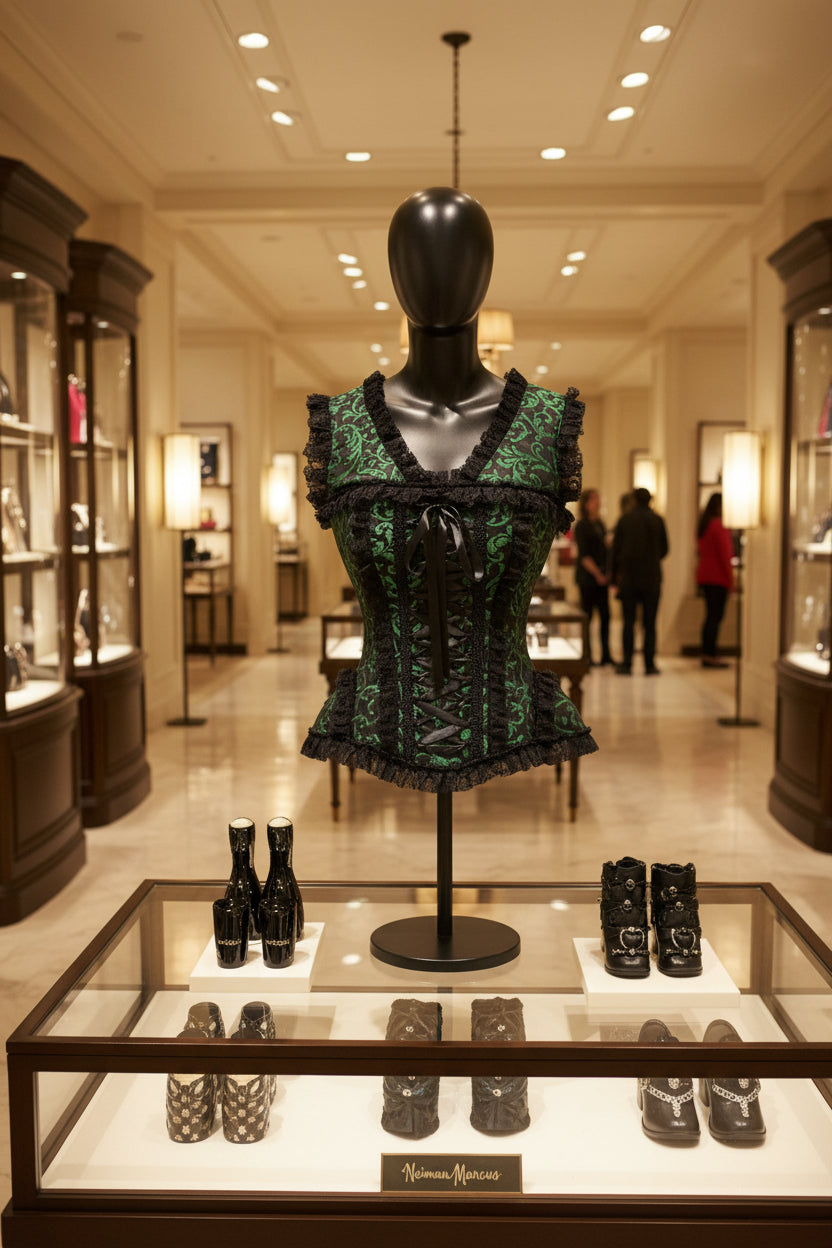 Top Drawer Green and Black Swirl Brocade and Lace Steel Boned Corset with Cap Sleeves