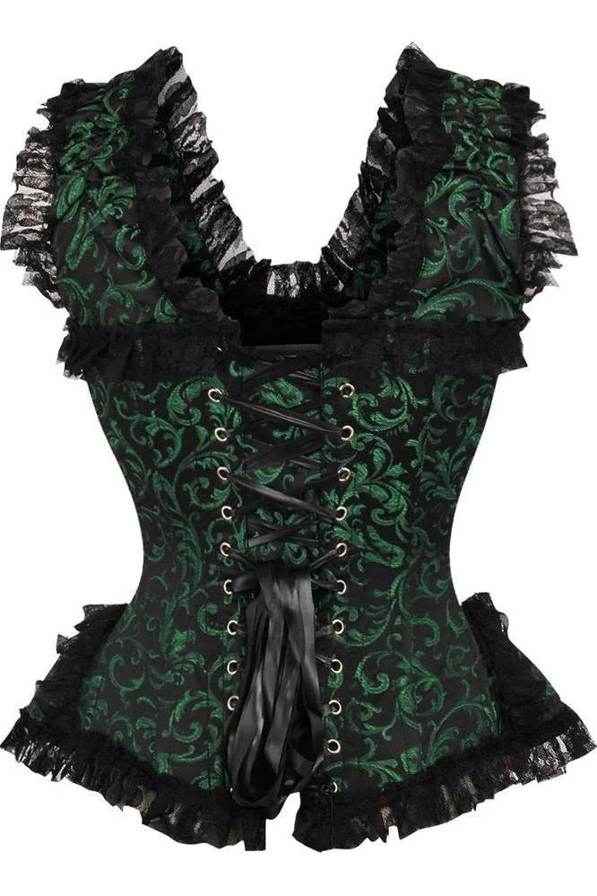 Top Drawer Green and Black Swirl Brocade and Lace Steel Boned Corset with Cap Sleeves