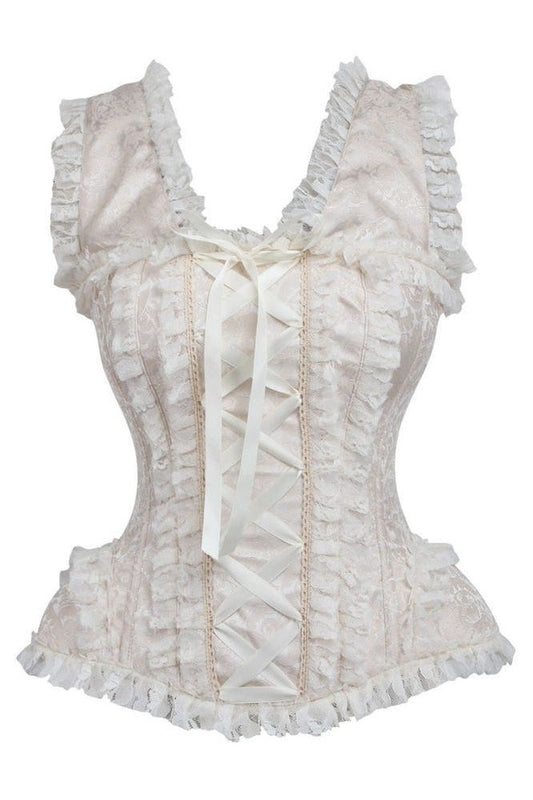 Top Drawer Ivory Brocade & Lace Steel Boned Corset w/Cap Sleeves