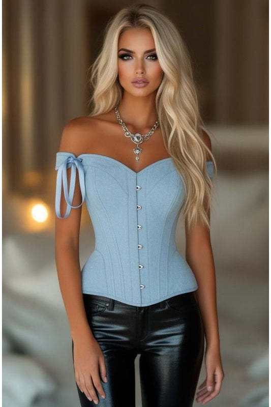 Top Drawer Light Blue Denim Steel Boned Corset w/Straps