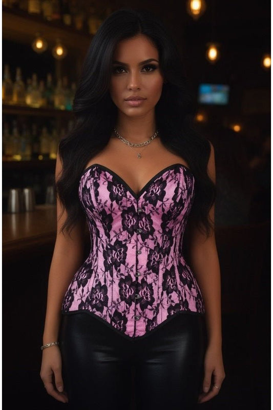 Top Drawer Pink Satin w/Black Lace Overlay Steel Boned Overbust Corset