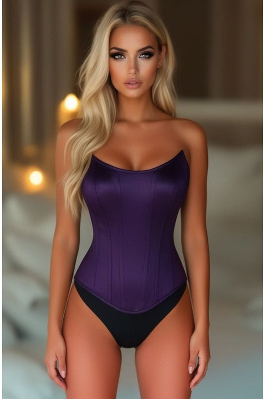 Top Drawer Plum Satin Steel Boned Overbust Corset with Side Zipper