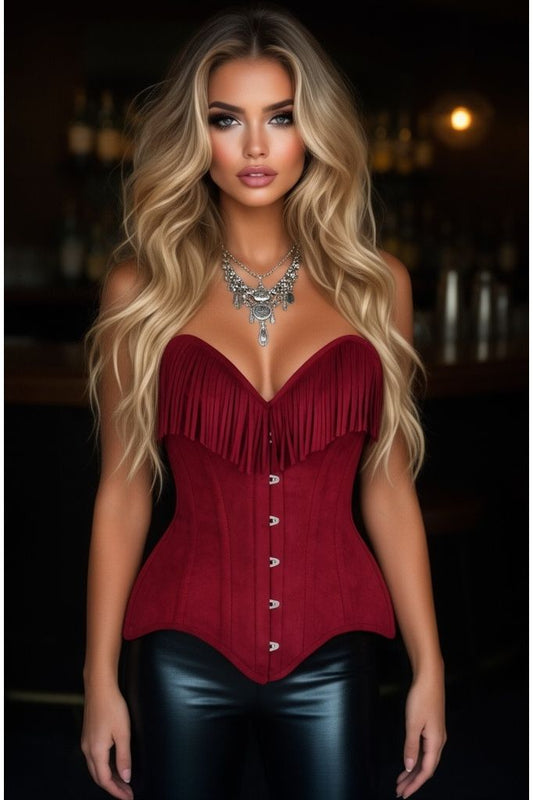 Top Drawer Red Suede Steel Boned Overbust Corset w/Fringe