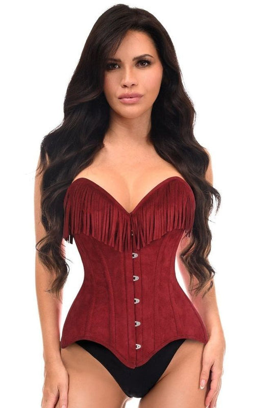 Top Drawer Red Suede Steel Boned Overbust Corset w/Fringe
