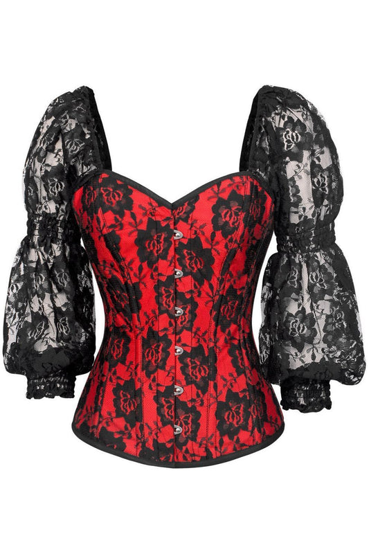 LIMITED EDITION Top Drawer Red w/Black Lace Steel Boned Long Sleeve Corset