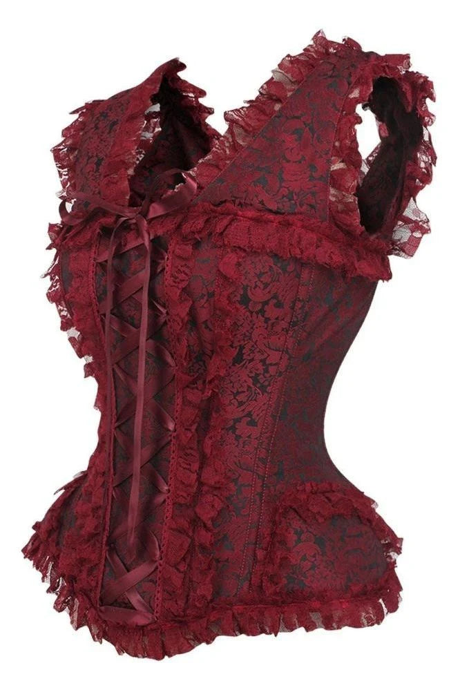 Top Drawer Red and Black Swirl Brocade and Lace Steel Boned Corset with Cap Sleeves