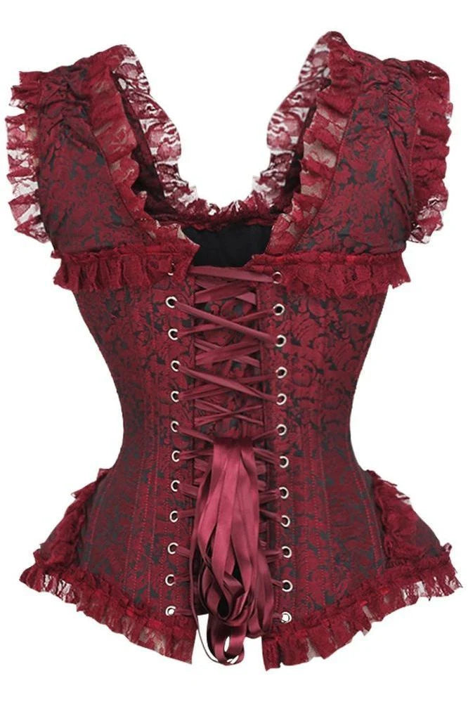 Top Drawer Red and Black Swirl Brocade and Lace Steel Boned Corset with Cap Sleeves