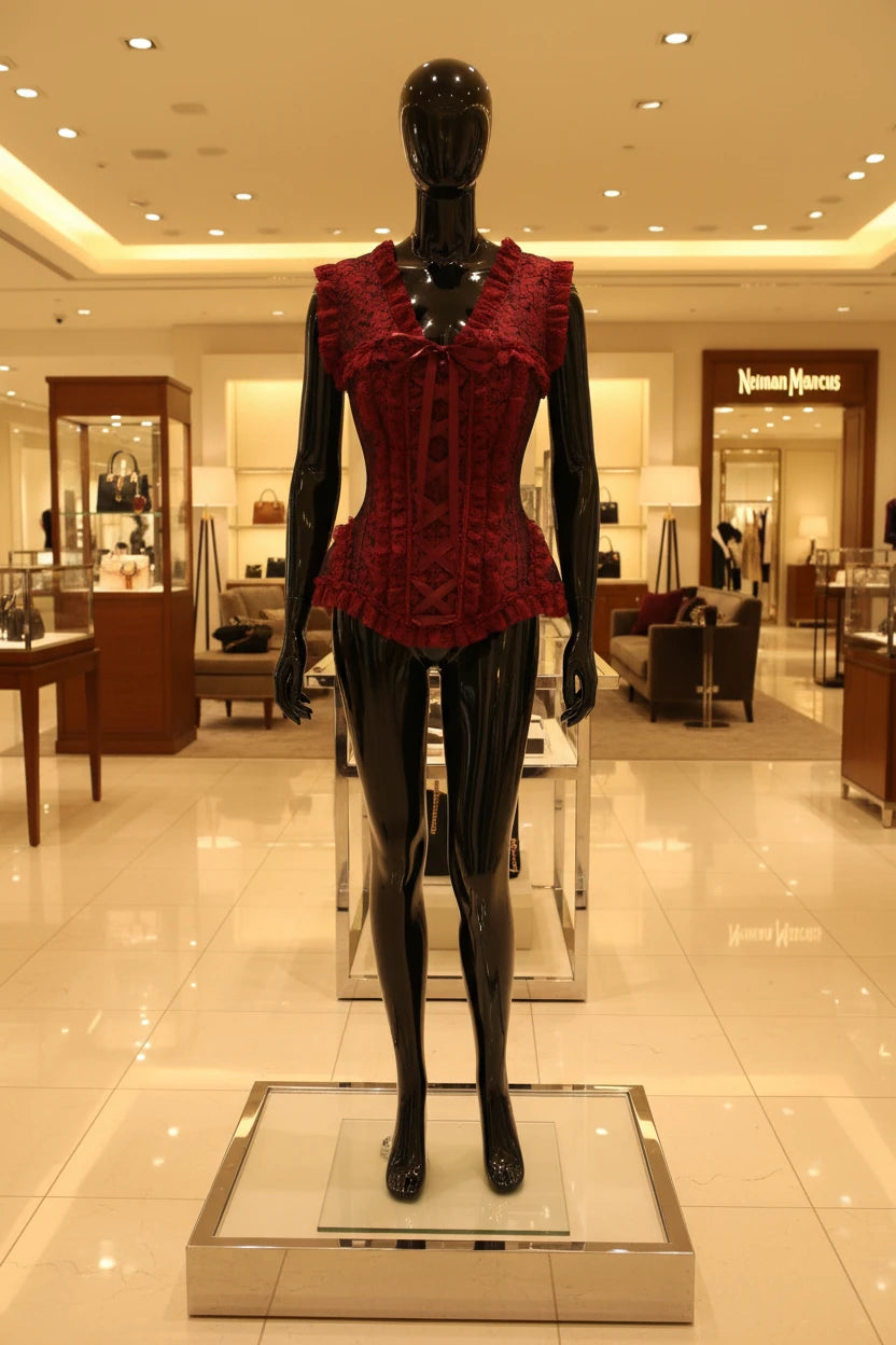 Top Drawer Red and Black Swirl Brocade and Lace Steel Boned Corset with Cap Sleeves