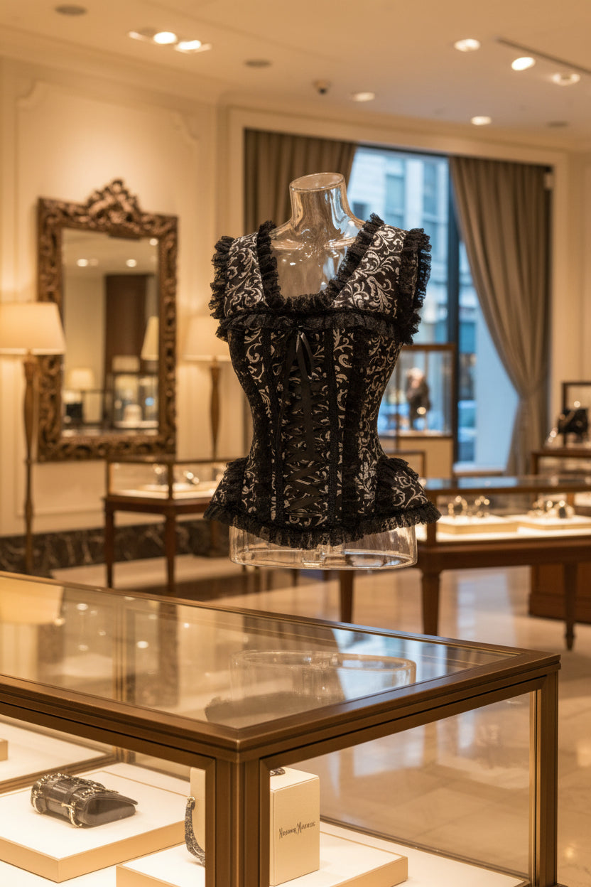 Top Drawer Silver and Black Swirl Brocade and Lace Steel Boned Corset with Cap Sleeves