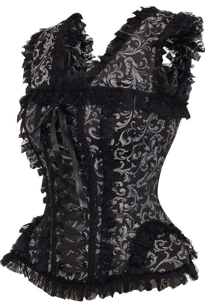 Top Drawer Silver and Black Swirl Brocade and Lace Steel Boned Corset with Cap Sleeves