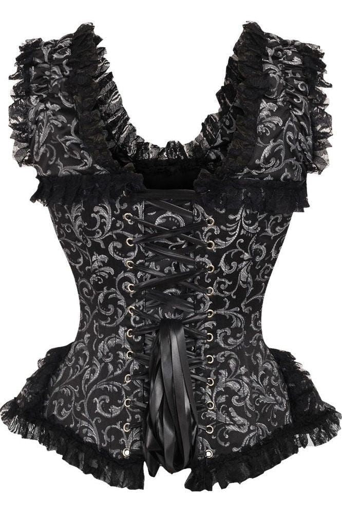 Top Drawer Silver and Black Swirl Brocade and Lace Steel Boned Corset with Cap Sleeves