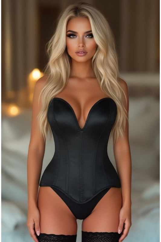 Top Drawer Steel Boned Black Satin Plunge Neckline Overbust Corset