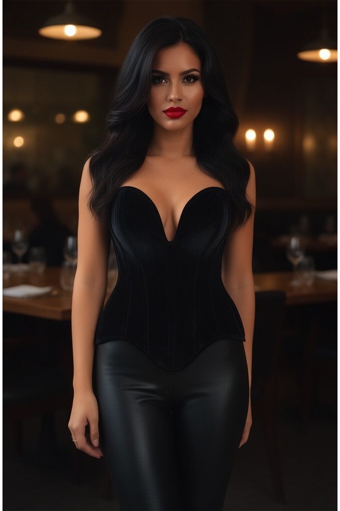 Top Drawer Steel Boned Black Velvet Plunge Neckline Overbust Corset - Daisy Corsets