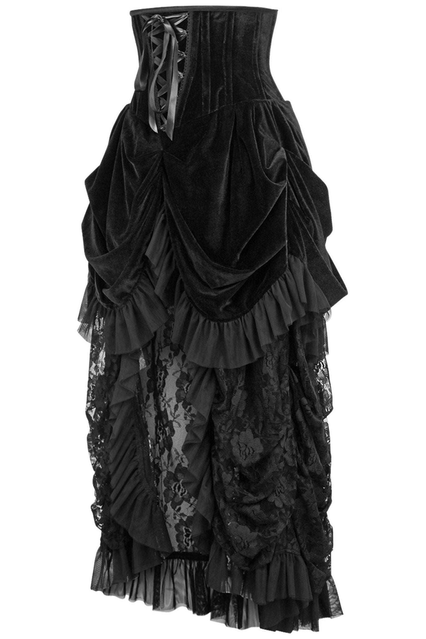 Top Drawer Steel Boned Black Velvet Victorian Bustle Underbust Corset Dress - Daisy Corsets