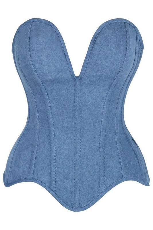 Top Drawer Steel Boned Blue Denim Plunge Neckline Overbust Corset