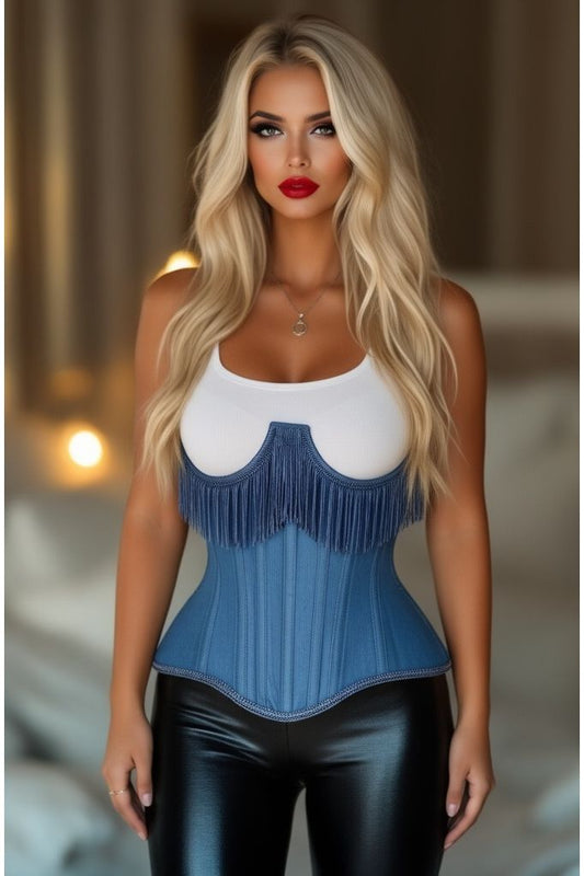 Top Drawer Steel Boned Blue Denim Underwire Underbust Corset Cincher w/Fringe