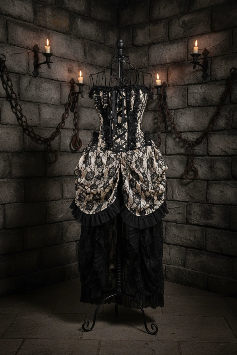 Cream with Black Lace Overlay Bustle Corset Dress